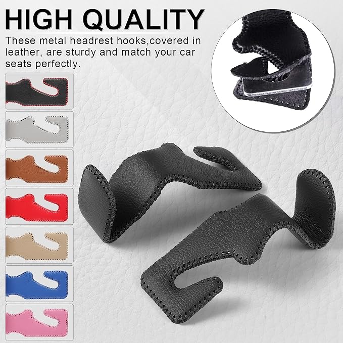 LivTee Black Superior Leather Car Seat Back Headrest Hook, Auto Seat Hook Hangers Interior Accessories for Purse Coats Umbrellas Grocery Bags Handbag, 2-Pack - Image 5