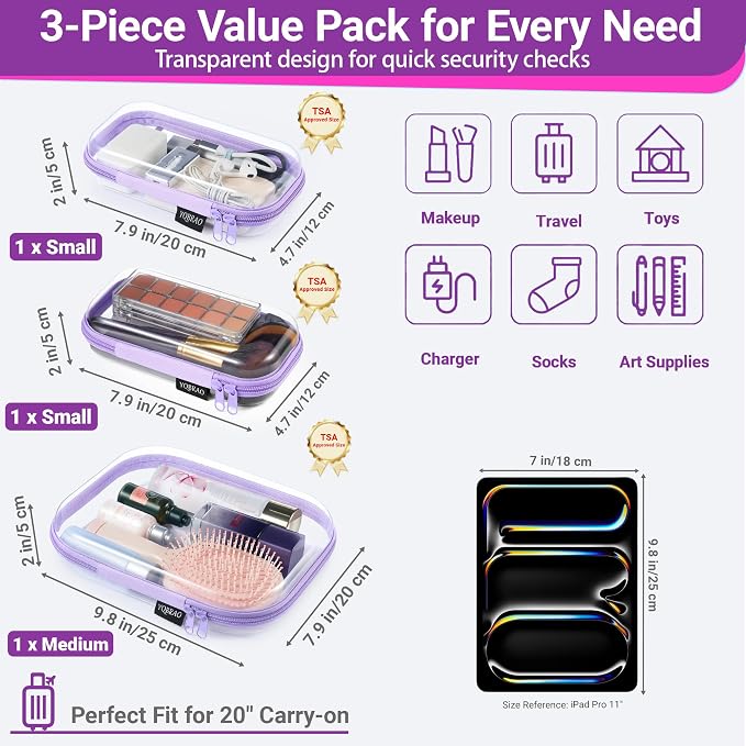 YQBRAO Clear Hard Shell Organizer Cases, 3-Pack, Purple | Rigid 1.2 mm PET organizers with multi-size design for cosmetics, travel storage, and everyday essentials - Image 4