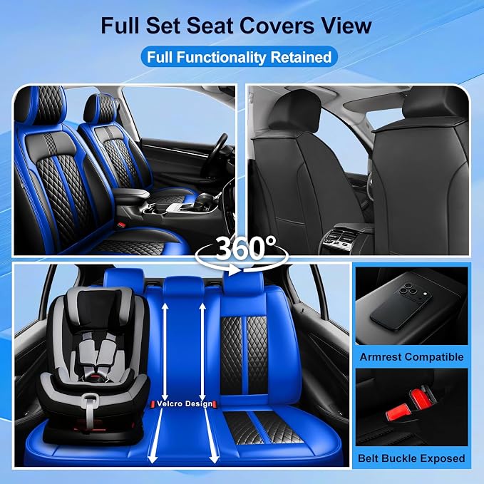 Fit CX-9 Seat Covers Custom Fit for Mazda CX-9 2007-2024, 5 Seats | Premium Leather Full Coverage Protectors, Waterproof, Breathable, Scratch Resistant, Easy Wipe, Airbag Compatible, Black+Blue - Image 2
