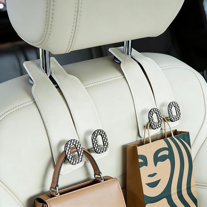Car Headrest Hooks Universal Car Purse Hook Premium Leather and Alloy Twin Hook Car Seat Back Storage Hanger Hook for Purse Bags Cloth Drink Durable Holder Car Accessories (BH09-White-Black-4 Pcs) - Image 2