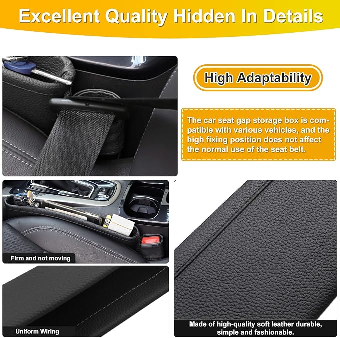 2 Pack Update Car Seat Gap Filler Organizer Leather Console Storage Box Front Side Pocket Seats Organizers Filler Interior Car Accessories for Phone Wallet Coin Key Sunglasses (Black) - Image 6