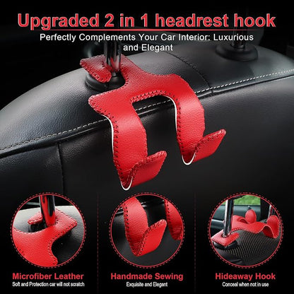 LivTee Upgraded Superior Leather Car Seat Back Headrest Hook, 2 in 1 Auto Seat Hook Hangers Holder Organization Interior Accessories for Purses Coats Umbrellas Grocery Bags Handbag (Red) - Image 2