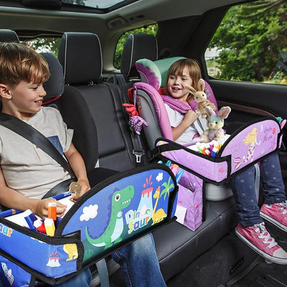 Kids Travel Tray for Toddler Car Seat, Road Trip Activities for Kid | Toddler Car Activities with No-Drop iPad Holder Stand, Roadtrip Essentials with Dry Erase Board & Cooler Cup Holder, 2PC - Image 2