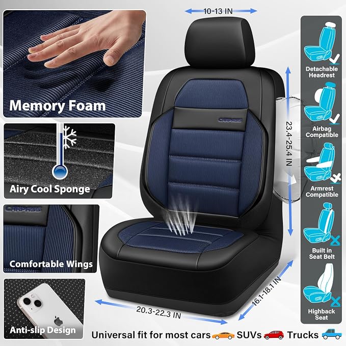 CAR PASS Memory Foam Seat Covers Front, Airy Cool Mesh Thick Car Seat Covers, Leather Car Seat Covers Front Seats Airbag Compatible, Universal Automotive Comfort for Most Cars, Trucks, SUV, Black Blue - Image 4