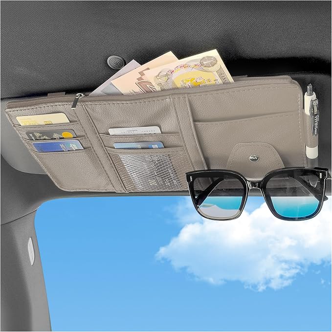 Car Visor Organizer with Sunglass Holder,Multi-Functional Car Sun Visor Organizer with Zipper for Cards,Money,Tickets,Leather Interior Accessories (Gray) by OFBAND