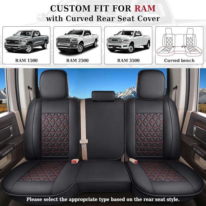 Coverado Dodge Ram Seat Covers Full Set, Waterproof Truck Car Seat Cover Protectors Custom Fit for 2002-2026 Dodge RAM 1500 2500 3500 with Curved Bench(Black&Red line) - Image 7