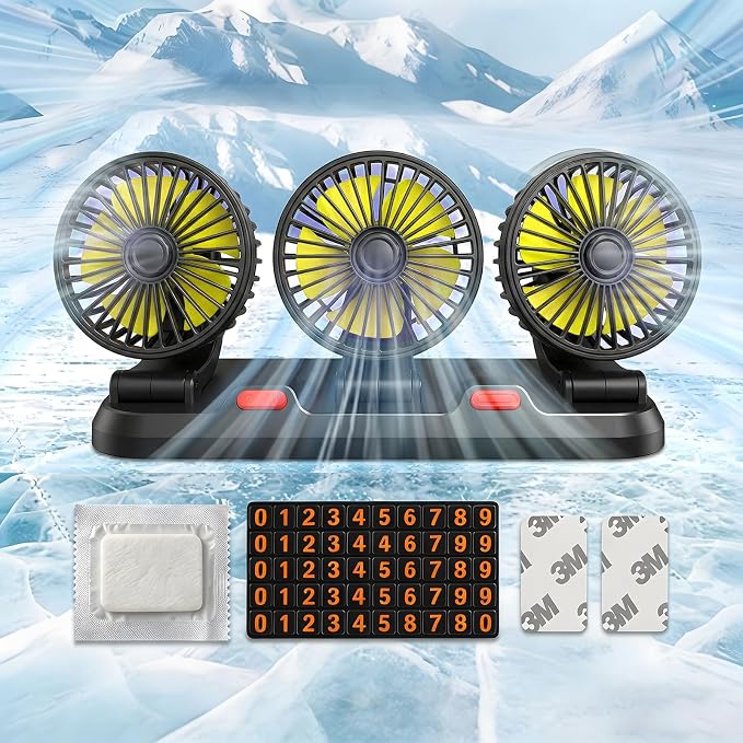 Portable 3-Head Car Cooling Fan, 12V Cigarette Lighter Plug Dashboard Fan for Vehicles Cars Trucks SUV, 360° Adjustable Heads Strong Airflow (No Battery) - Image 3