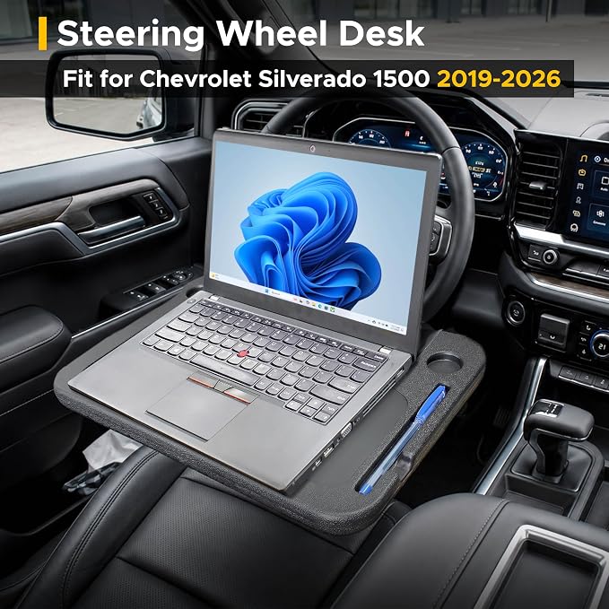 EcoNour 2-in-1 Steering Wheel Desk for Chevrolet Silverado1500 2019-2026 | Car Tray Table | Laptop Car Mount with Pen Holder Food Tray for Eating with Drinks Holder Multipurpose Travel Car Accessories - Image 2