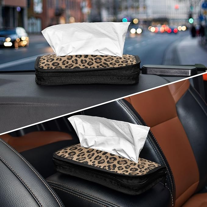 Car Tissue Holder Car Napkin Holder Box Dispenser Storage Case Sun Visor Mask Holder with Adjustable Straps Reusable Refillable Brown Leopard Print - Image 8
