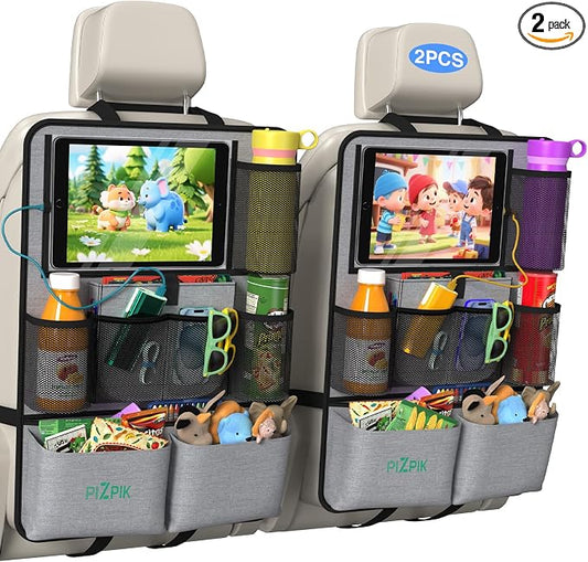Car Backseat Organizer with Tablet Holder,11 Storage Pockets with Foldable Food Tray, Protector Kick Mats for Kids, Travel Accessories Organizer (Gray, 2-Pack) by Plzpik