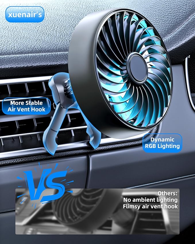 Car AC Fan to Boost Cooling Air Circulation - More Stable Vent Clip | 4in Larger Clip On Car Fan, Colorful Lighting, USB Fan for Car SUV Van RV Pickup Truck, Strong 3 Speeds, 360 Rotating, Quiet - Image 2