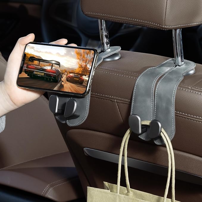 CoBak Purse Hook for Car - Universal Premium Stitched Leather and Aluminum-Magnesium Alloy Double Car Seat Back Storage Hook for Purses, Handbags, Bags (2 Pack),Gray - Image 6