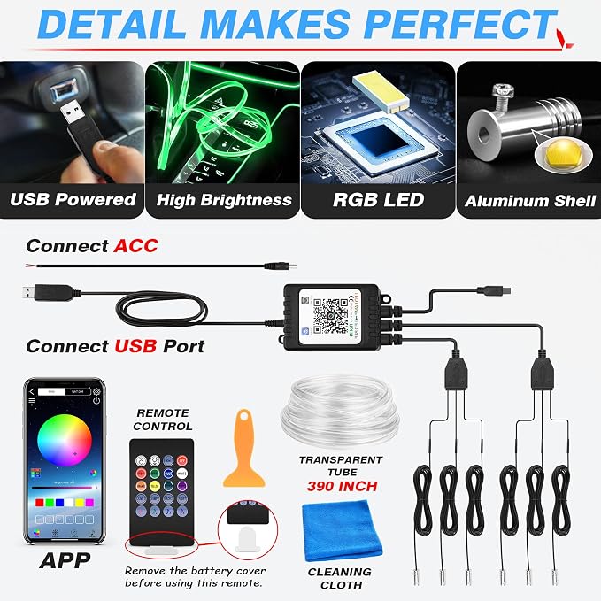 MICTUNING 6 in 1 RGB Interior Car LED Strip Lights, APP and Remote Control | Sound Active & Music Sync Mode, 16 Million Colors & 29 Dynamic Modes, Adjust Brightness, 390-Inch Fiber Optic - Image 5