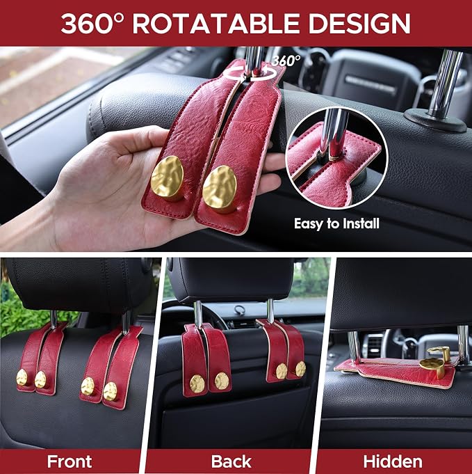 Leather Car Purse Hook for Headrest, 2 Pack (Red-Gold) | Twin Hooks Headrest Hangers, 2/4 Pack, No-Slip, Scratch-Proof, Holds Purses, Backpacks, Grocery Bags, Car Organizer Gift - Image 4