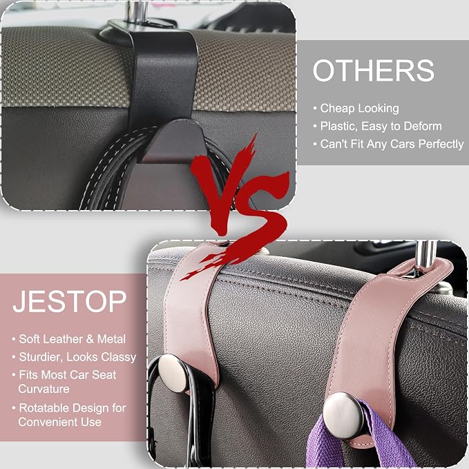 2 Pack Car Headrest Hooks Leather & Alloy Car Seat Storage Hangers, Pink | 44lb Heavy Duty Stylish Car Seat Organizer Hooks for Purses Bags, Coat, Umbrellas, Water Bottle, Car Inside Accessories - Image 5