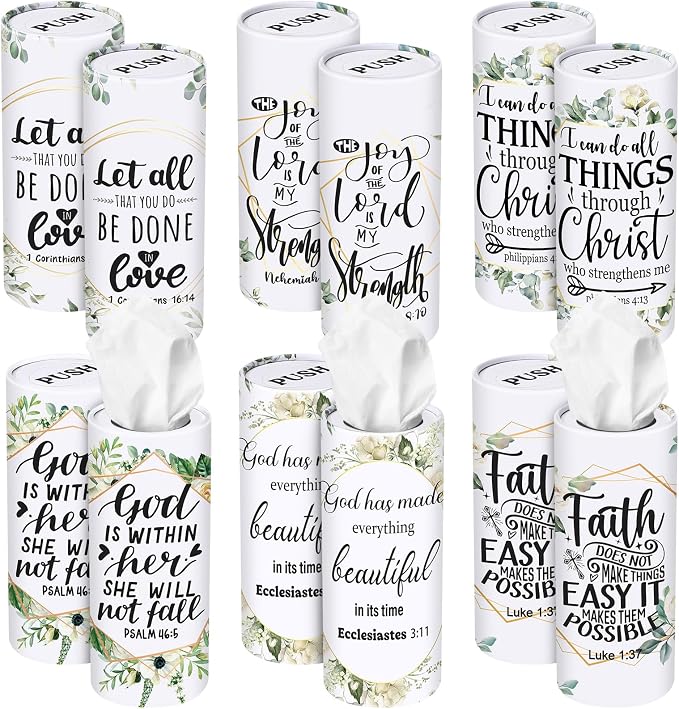 Outus 12 Pcs Greenery Christian Car Tissues Cylinder Holder with 3 Ply Facial Tissue Bulk Eucalyptus Leaves Religious Tissue Holder Travel Tissues Boxes Container for Home Wedding Party Supplies by Outus