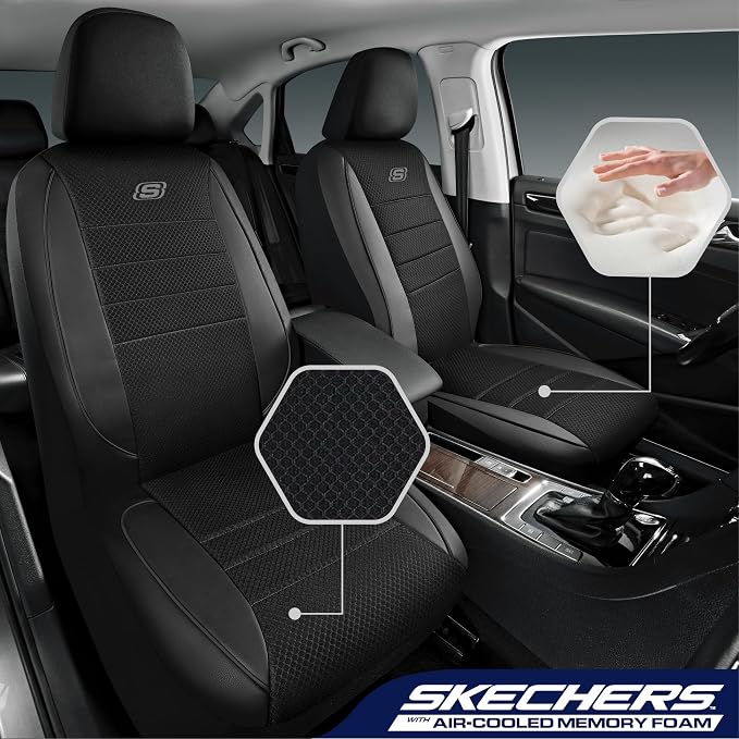 Skechers Air-Cooled Memory Foam Seat Covers,Mesh Thick Car Seat Covers,Piping Leather Car Seat Covers Front Seats,Airbag Compatible,Automotive Comfort Universal FitMost Cars,Vans,Truck,SUV,Black - Image 2