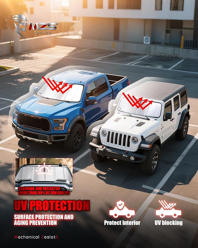 MZS Windshield Sun Shade Compatible with F150 2021-2026 | 6-Layer Heat Insulation, 99% UV Blocking, Keeps Interior Cool, Full Coverage Visor, Foldable Car Window Sunshade, Storage Bag - Image 3