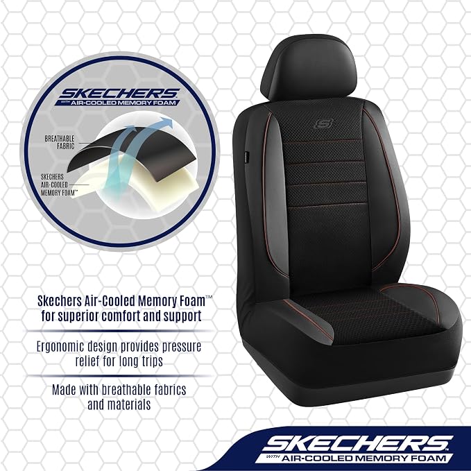 Skechers Air-Cooled Memory Foam Seat Covers,Mesh Thick Car Seat Covers,Piping Leather Car Seat Covers Front Seats,Airbag Compatible,Automotive Comfort Universal FitMost Cars,Vans,Truck,SUV,Brown - Image 4