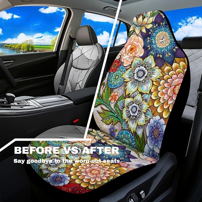 Boho Floral Front Car Seat Covers Set of 2 for Women, Universal Fit Bucket Seat Protectors for Cars, SUVs, Sedans and Trucks, Soft Breathable Polyester, Front Seats Only - Image 3