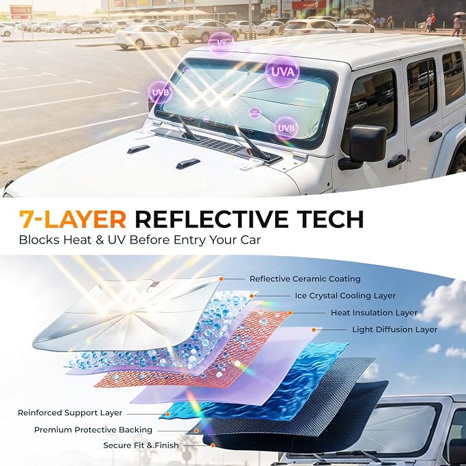 [2026 Upgraded] DooGooCoo Windshield Sun Shade Umbrella for Jeep Wrangler & Gladiator 2011-2026 [100% Sunlight Blocked, Cooling Ice Crystal] Sunshade for Car Windshield for Wrangler Sunshade. - Image 4