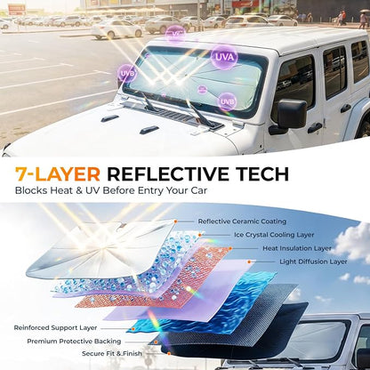 [2026 Upgraded] DooGooCoo Windshield Sun Shade Umbrella for Jeep Wrangler & Gladiator 2011-2026 [100% Sunlight Blocked, Cooling Ice Crystal] Sunshade for Car Windshield for Wrangler Sunshade. - Image 4