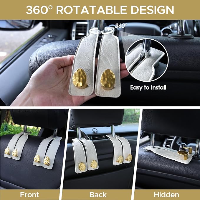 Leather Car Purse Hook for Headrest, 4 Pack (White-Gold) | Twin Hooks Headrest Hangers, 2/4 Pack, No-Slip, Scratch-Proof, Holds Purses, Backpacks, Grocery Bags, Car Organizer Gift - Image 4