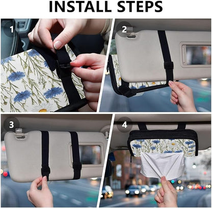 Car Tissue Holder Car Napkin Holder Tissue Box Dispenser Storage Case Sun Visor Mask Holder with Adjustable Straps Reusable Refillable Blue and White Daisy03 - Image 5