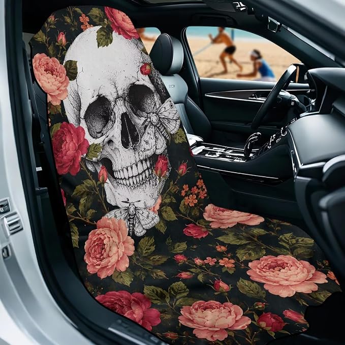 Skull Rose Car Seat Towel Cover Auto Interior Seat Towel Cover | Skull Floral Sweat Seat Cover Protector with Storage Bag Car Interior Accessories Non Slip Waterproof Sweat Protector - Image 2