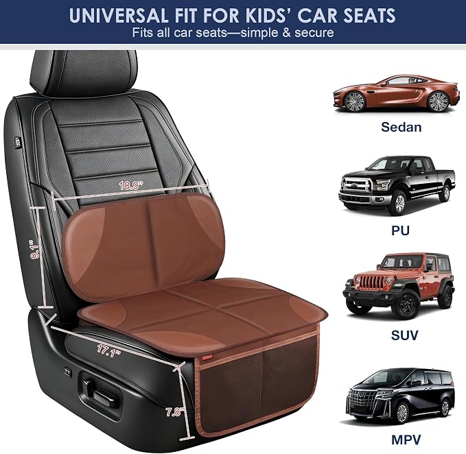 Sinvitron Car Seat Protector for Kids, Anti-Slip Thick Padding, Seat Mark Protection, 2 Storage Pockets for Toys & Snacks, Universal Fit for Most Vehicles (Brown, 2 Pack) - Image 2