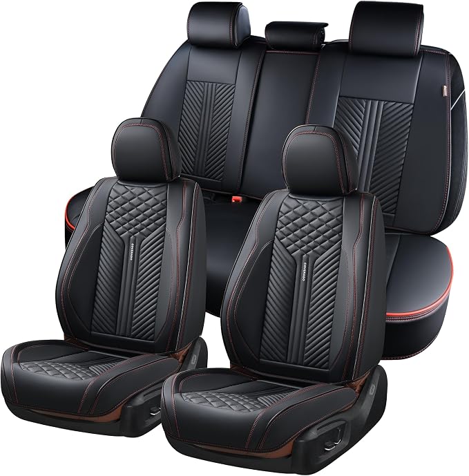 Coverado Car Seat Covers Full Set, 5 Seats Leather Seat Covers for Cars, Waterproof Front and Rear Car Seat Protectors Cushions Universal Fit Most Vehicles (Black) by COVERADOAUTO