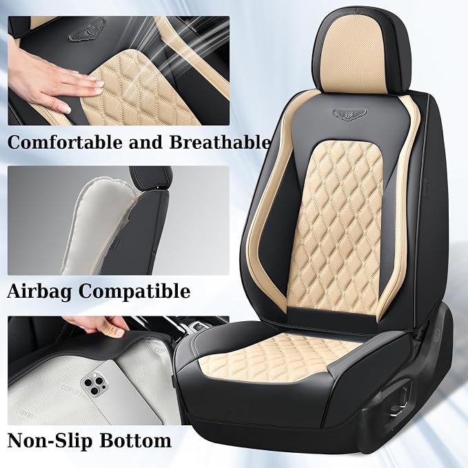 Coverado Car Seat Covers Front Seats, Durable Waterproof Faux Leather Full Set with Rear Protectors, Classic Easy-Clean Interior for Most Vehicles – BlackBeige - Image 2