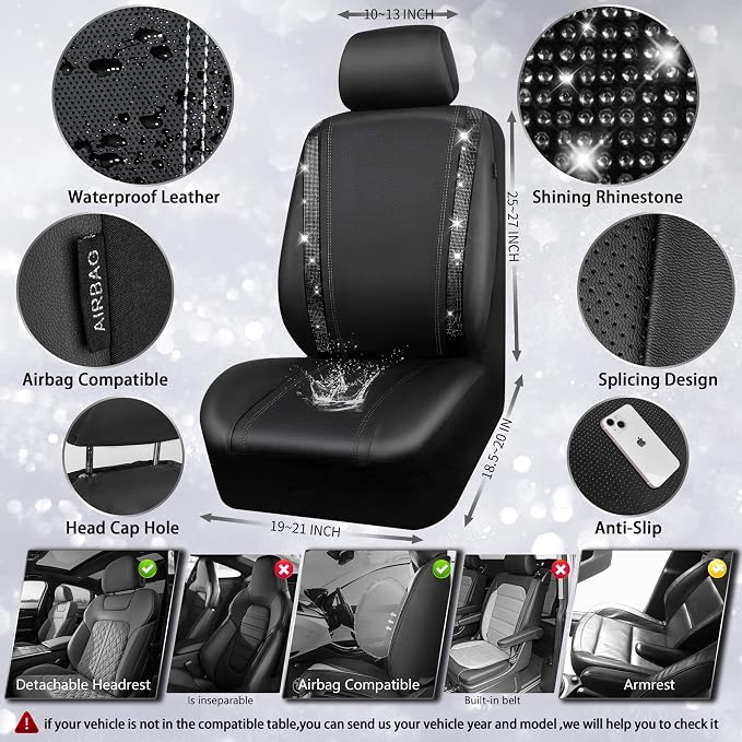CAR PASS Leather Bling Diamond Car Seat Covers Full Set, Shining Rhinestone Waterproof Durable Rear with Zipper, Universal Fit Automotive Glitter Crystal Sparkle Strip for Cute Women Girly Black - Image 3