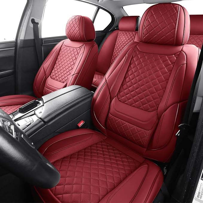 Leather Car Seat Covers Full Set Automotive Seat Protectors | Breathable Waterproof Durable Full Surround & Lumbar Support Design Non-Slip Universal Fit for Most Cars SUVs Trucks Vans Red - Image 2