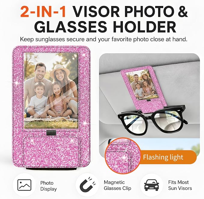 2-in-1 Car Visor Sunglasses & Photo Holder, Magnetic PU Leather Glasses Clip with Picture Display Slot, Universal Sun Visor Organizer for Eyeglasses, Personalized Cards & Memories, Light Pink Glitter - Image 3