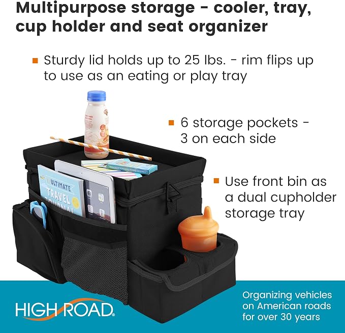 CarHop Car Seat Organizer, Sturdy Car Cooler Organizer with Cup Holders | High Road Middle Seat, Front Seat or Back Seat Car Organizer - Road Trip Cooler for Car with Tray and Large Cup Holders - Image 2
