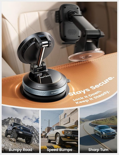 Lamicall 15W for MagSafe Car Mount Charger, 360° Wireless Car Phone Holder | Dual USB-C Ports Magnetic Phone Holder for Car, 70 LBS Vacuum Suction Phone Mount for iPhone 17 16 Pro Max Truck Jeep Black - Image 4