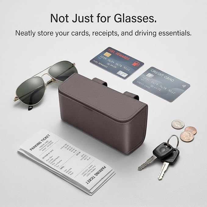 Magnetic Sunglasses Holder for Car Visor, PU Leather Clip, Brown | Soft Inner Lining, One-Handed Access, Holds Eyeglasses, Parking Tickets and Receipts, For Cars, SUVs and Trucks, 1 Pack - Image 5