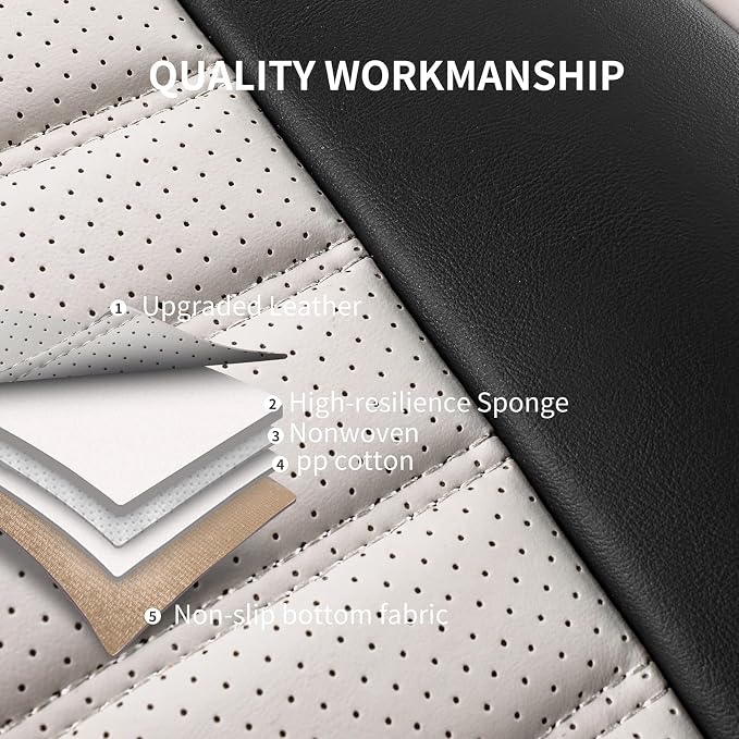 HChengkikz Car Seat Cover, Faux Leather, Waterproof (Black + White) | Breathable, Airbag Compatible, Easy Maintenance, Universal Fit for Most Sedans SUVs Pick-ups Trucks - Image 5