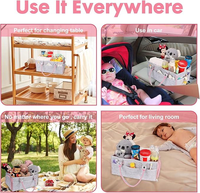 XUANGUO Large Felt Baby Diaper Caddy Organizer with Handles for Girls, Pink | Nursery storage bin and basket; portable tote bag for changing table or car, baby shower gifts and newborn essentials. - Image 4