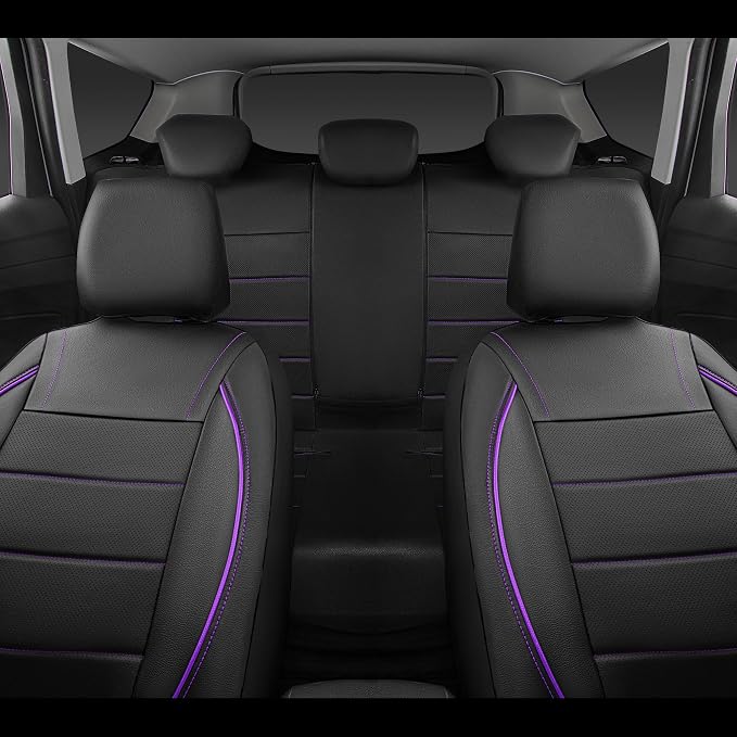 CAR PASS Universal FIT Piping Leather Two Front Seat Covers, Waterproof Faux Leather for SUV Sedan Van Truck, Airbag Compatible,Reserved Opening Holes for Headrest Covers(Black and Purple) - Image 6