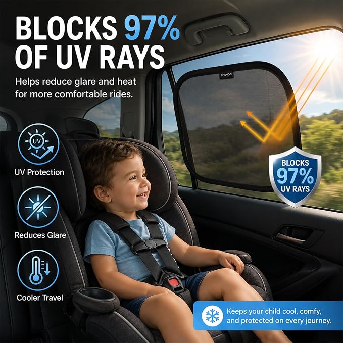 2-Pack Car Window Shades by Enovoe - 19" x 12" in Side Window Cover for SUVs, Sedans, and Trucks - Protects Baby from UV Rays and Glare - Cling Design for Easy Use - Plain - Image 2