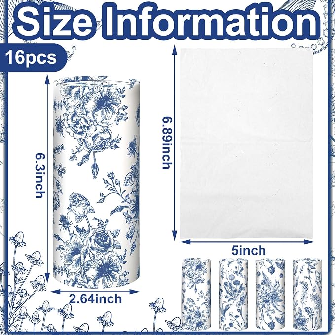 Zonon 16 Pcs Vintage Floral Round Tissues Box Car Holder with Facial Tissue Bulk Blue Flower Travel Tubes for Car with 50 Sheets Christmas Cylinder Face Towel Fit for Cup Holder Round Container - Image 3