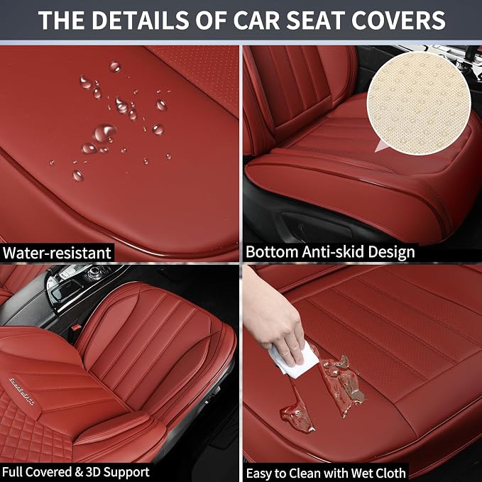 Red Seat Covers for Cars, 2Pcs Universal Leather Car Seat Covers Front Seats, Full Coverage Automotive Seat Covers for Most Sedans Trucks SUVs, Waterproof Breathable Car Seat Cover - Image 5