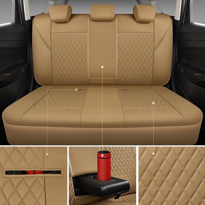 CAR PASS Faux Leather Seat Covers Full Set, Quilting Waterproof Premium Automotive Seat Cover with 5mm Composite Sponge Inside,Airbag Compatible, Universal for Most Cars Sedan SUV Truck, All Beige - Image 4