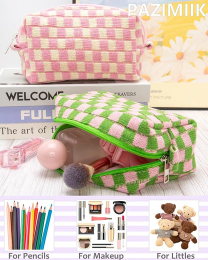 Checkered Makeup Bag for Purse, Small Travel Cosmetic Pouch,Pink Green | Cute Zipper Makeup Organizer for Women, Travel Essentials, Toiletries, Makeup Brushes, Beauty Accessories&Bridesmaid Gifts - Image 3