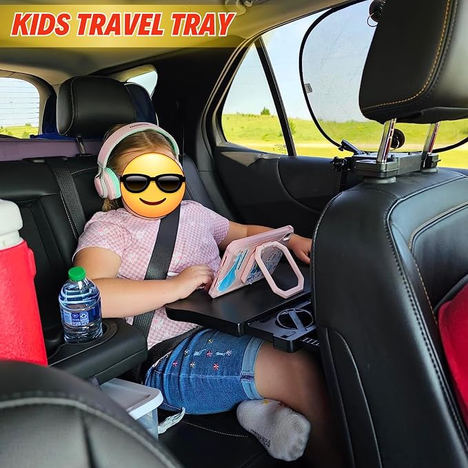 Car Back Seat Tray Table for Older Kids & Passengers, Road Trip Travel | Sturdy Desk Holds Laptop/Meals, 360° Rotatable Phone Holder & Dual Cup Slots, Adjustable Height for Older Kids & Adults - Image 8