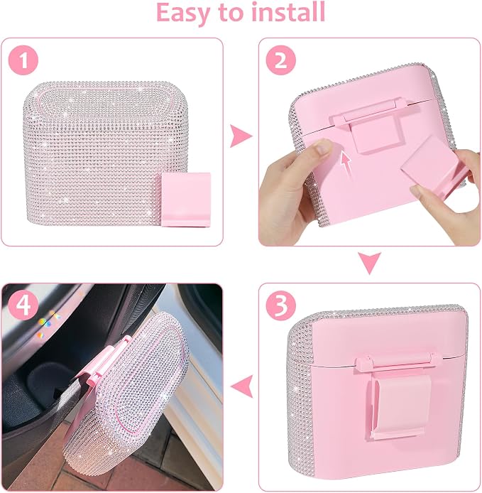 Accmor Bling Car Trash Can with Lid, Leakproof Mini Vehicle Trash Bin Automotive Dustbin Organizer Storage, Sparkling Crystal Rhinestone Trash Bag Container with 30pcs Garbage Bags Car Accessories - Image 4