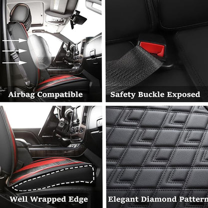 Chevy Silverado Seat Covers,Leather Seat Covers for GMC Sierra,Custom Fit 2007-2026 1500 2500HD 3500HD Crew Double Extended Regular Cab,LT LZT RST Trail Boss(Front Pair,Black Red) - Image 2