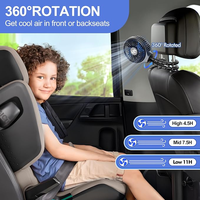 WiHoo Portable Stroller Fan, 10H Ultra-long Battery Life 3 Speed 360°Rotate, USB Rechargeable or Battery Operated Cooling Clip On Personal Fan for Baby Crib Travel Car Seat Black - Image 5